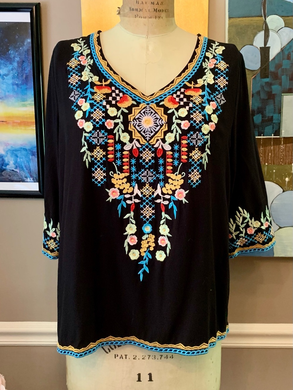 Black Embroidered V-Neck Boho Tunic with Multicolor Floral Detail
